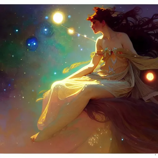 Image similar to Seeking Star Bubbles Cosmic Love, fantasy, intricate, elegant, highly detailed, digital painting, artstation, concept art, smooth, sharp focus, illustration, art by Krenz Cushart and Artem Demura and alphonse mucha