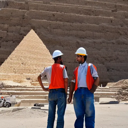 Image similar to a photograph of an egyptian engineer and a construction worker talking infront of a half constructed pyramid, dslr, high resolution