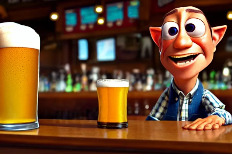 Image similar to a anthropomorphic pint of beer, pixar, who is a customer, waits to be served by a bartender,