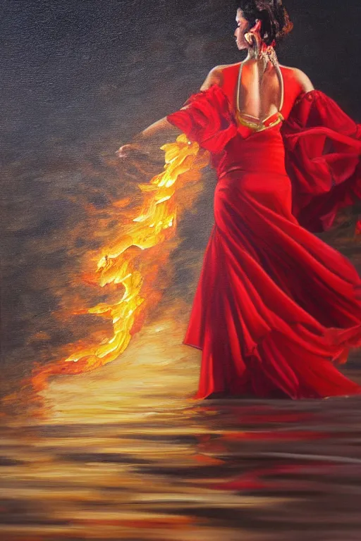 Prompt: detailed oil painting of spanish flamenco dancer wearing a red dress engulfed in flames, walking waist deep in clear water, midnight, moon, dimly lit, looking away, dark shadows, ethereal, foggy, moody, photo realistic, high definition, 4 k, slr