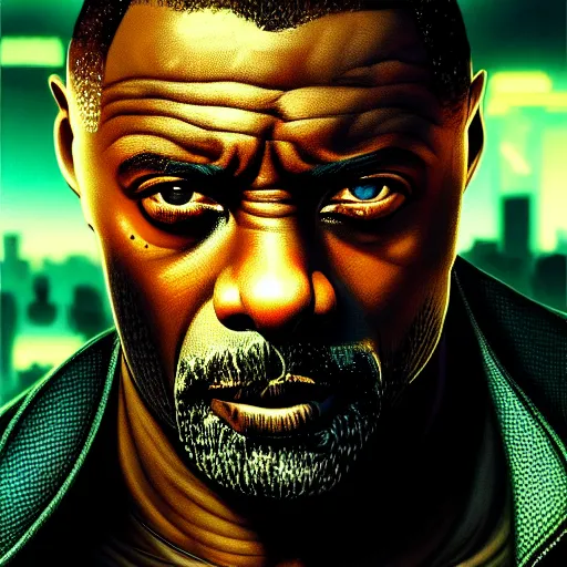 Prompt: wideangle!! portrait shot of idris elba in cyberpunk 2 0 7 7, intricate, elegant, highly detailed, centered, digital painting, artstation, concept art, smooth, sharp focus, illustration, artgerm, tomasz alen kopera, peter mohrbacher, donato giancola, joseph christian leyendecker, wlop, boris vallejo