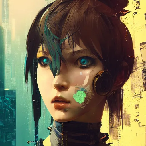 Prompt: highly detailed portrait of a post-cyberpunk young lady by Akihiko Yoshida, Greg Tocchini, 4k resolution, Nier inspired, yellow, black, brown and cyan color scheme