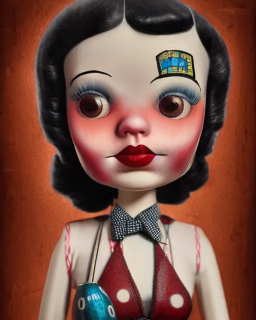 Image similar to closeup profile portrait of a tin toy as a 1 9 3 0 s gangster's moll in a gambling den, bikini, hyper realistic, artstation, illustration, nicoletta ceccoli, mark ryden, lostfish, max fleischer, digital paint, matte paint, vivid colors, bright, cheerful, detailed and intricate environment