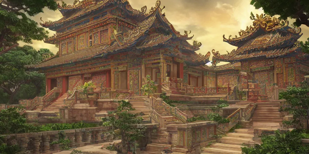 Prompt: vietnamese temple scene, 2 d side - scroller game art background, sharp, detailed, intricate, game level design, cinematic lighting, trending on artstation, in style of vinodh sivaraja and lam manh