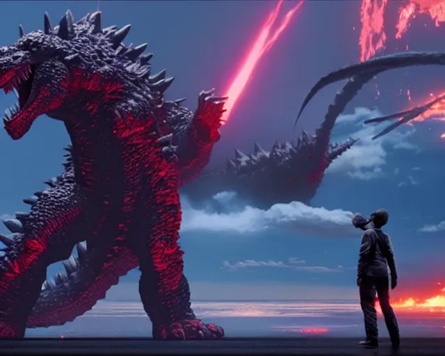 Prompt: evangelion vs godzilla, 3 d octane render, unreal engine, hyperrealistic, as coherent as dall - e 2