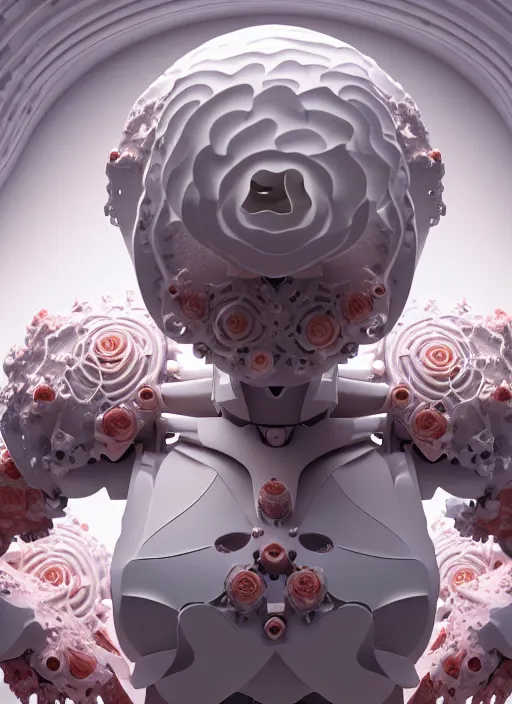 Prompt: biomechanical white yoga room made of corals, daisies, roses, well contoured smooth fair walls with marble statue, up close shot, sharp focus, global illumination, radiant light, alexandre ferra white mecha, irakli nadar, octane highly render, 4 k, ultra hd,