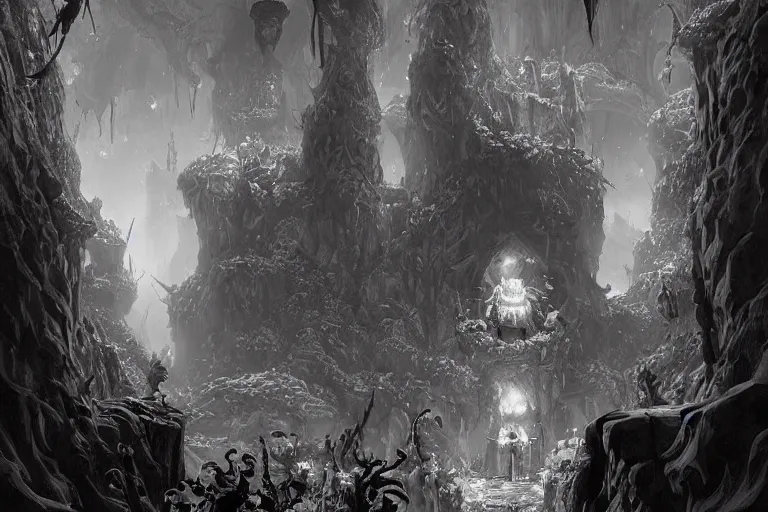 Image similar to black and white point perspective dungeon cozy fantasy dungeon The human defenestrator Katherine and their gelatinous group of goblins are hiding in the flourishing cave.,by artgerm and Craig Mullins, James Jean, Andrey Ryabovichev, Mark Simonetti and Peter Morbacher 16k