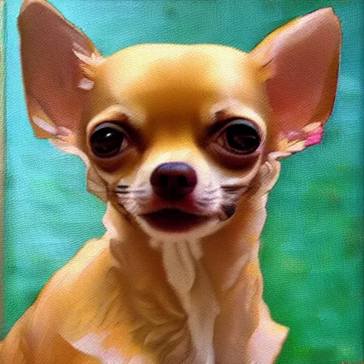 Image similar to chihuahua holding a camera, impressionist oil painting