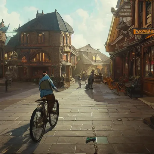 Prompt: man with receding hairline biking through beverley town centre, intricate, elegant, highly detailed, digital painting, artstation, concept art, matte, illustration, hearthstone, art by artgerm and greg rutkowski and alphonse mucha, simon stalenhag, hyperreal