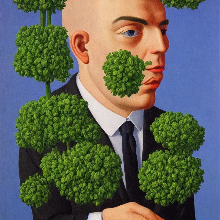 Image similar to portrait of man in a suit, his head is flowers, by rene magritte, detailed painting, hd, hq, high resolution, high detail, 4 k, 8 k