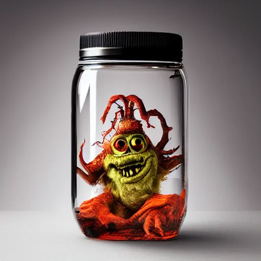 Image similar to Evil monster in a jar, product photography, centered, studio lightning