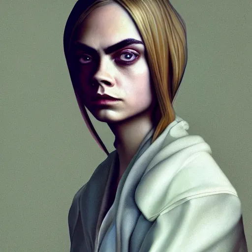 Prompt: cara delevingne, full body portrait colorful oil painting by vermeer, android jones, yuumei, yanjun cheng, unreal 5, daz, hyperrealistic, octane render, rpg portrait, dynamic lighting, fantasy art, beautiful face