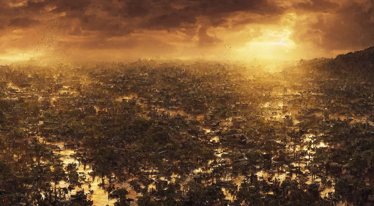 Prompt: The last rain on earth, hyper detailed photorealistic, golden hour