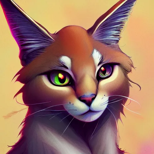 Image similar to a portrait of cute fluffy caracal, art by lois van baarle and loish and ross tran and rossdraws and sam yang and samdoesarts and artgerm and saruei and disney, digital art, highly detailed, intricate, sharp focus, trending on artstation hq, deviantart, unreal engine 5, 4 k uhd image