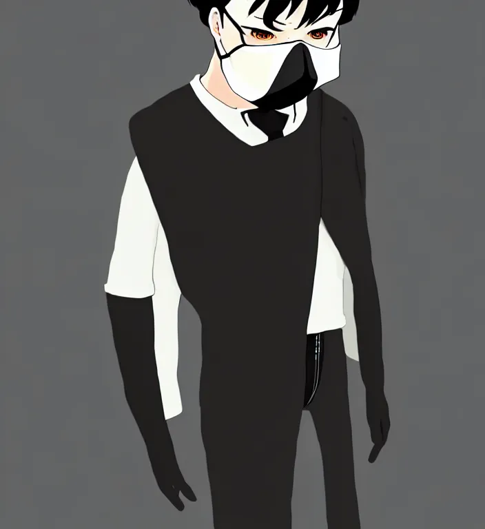 Prompt: white man with black fabric mask, short dark hair, true anatomy!, digital painting, style of hayao miyazaki