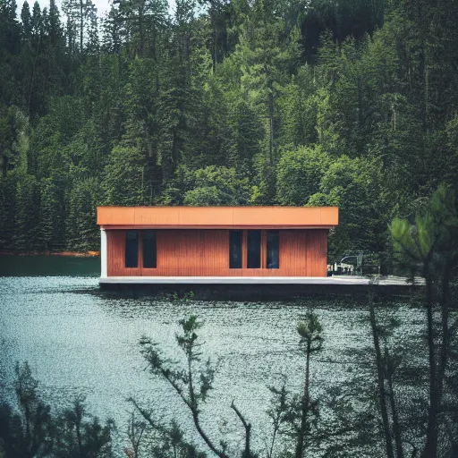 Image similar to wes anderson style modern house near the lake and forest, cinematic, realism, photo