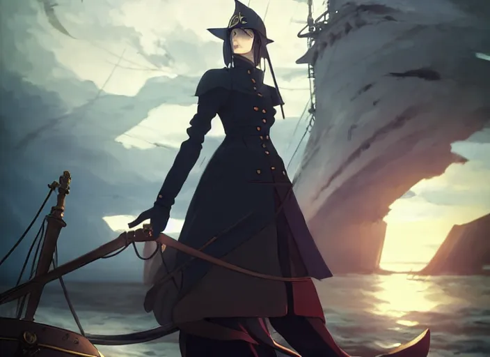 Prompt: lady maria, helm of second world war warship in background, illustration concept art anime key visual trending pixiv fanbox by wlop and greg rutkowski and makoto shinkai and studio ghibli and kyoto animation, astral witch clothes, steampunk, grimdark, volumetric lighting