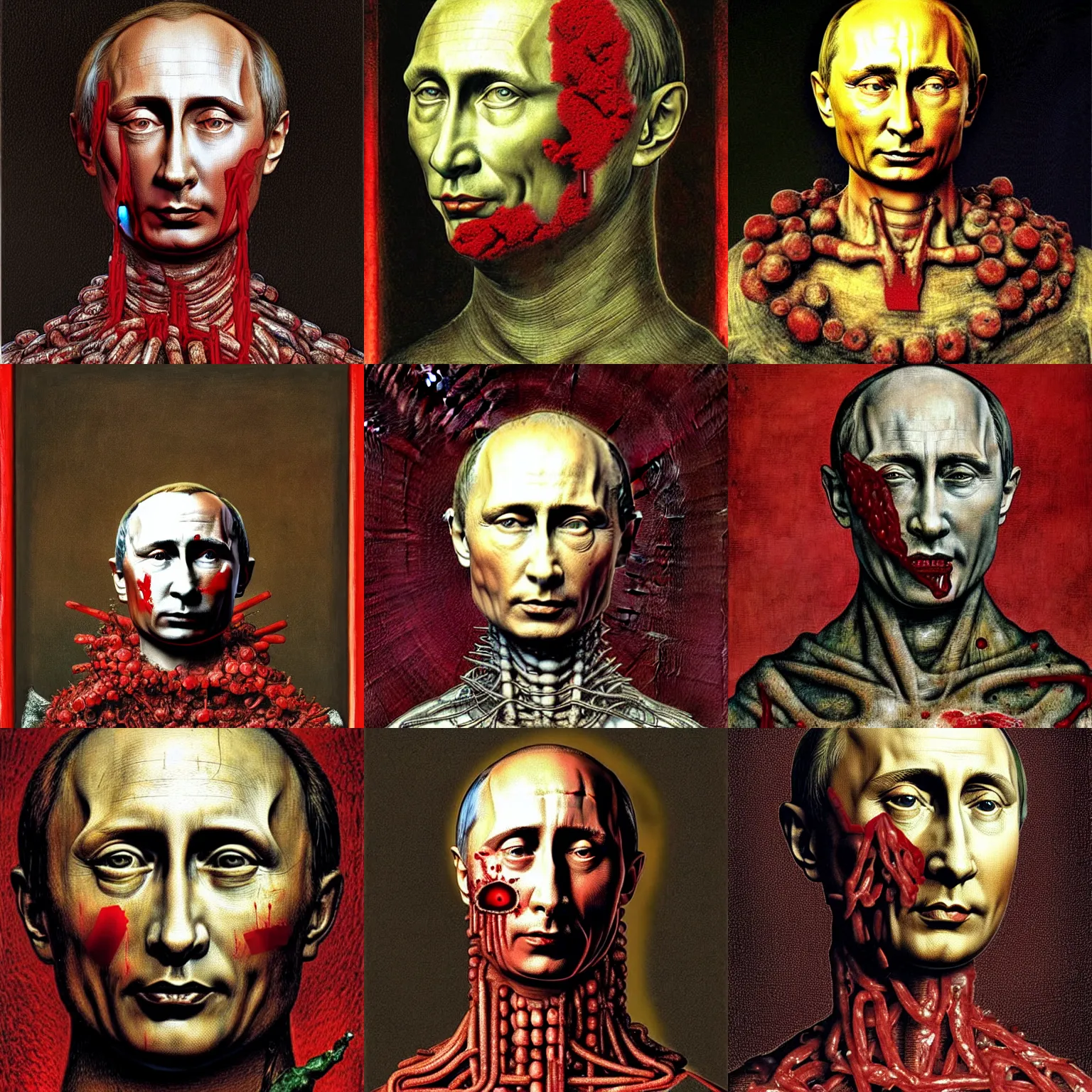 Prompt: statue of vladimir putin made of blood, horror and terror. detailed digital painting by giuseppe arcimboldo, hieronymus bosch, h. giger