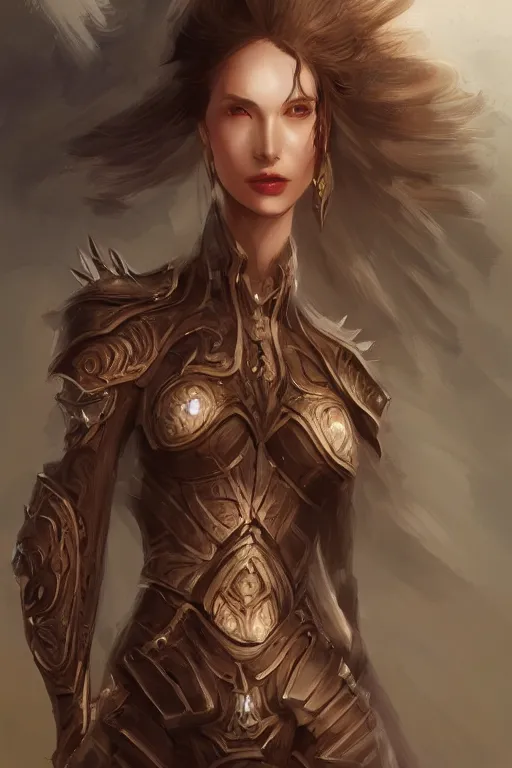 Image similar to three-quarters portrait pose of a beautiful woman, slim body, shining armor, human warrior, fantasy, intricate, elegant, highly detailed, digital painting, artstation, concept art, matte, sharp focus,D&D, illustration, art by Stanley Lau