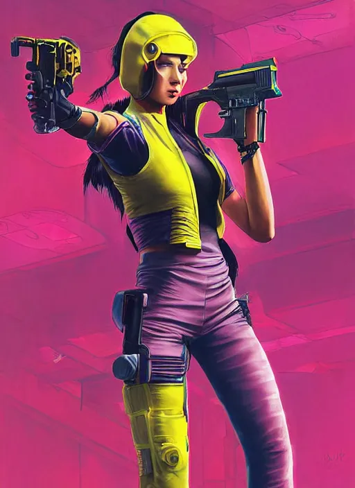 Image similar to beautiful cyberpunk female athlete wearing pink jumpsuit and yellow jacket. firing a futuristic red automatic pistol with huge magazine. ad poster for pistol. cyberpunk poster by james gurney, azamat khairov, and alphonso mucha. artstationhq. gorgeous face. painting with vivid color, cell shading. ( rb 6 s, cyberpunk 2 0 7 7 )