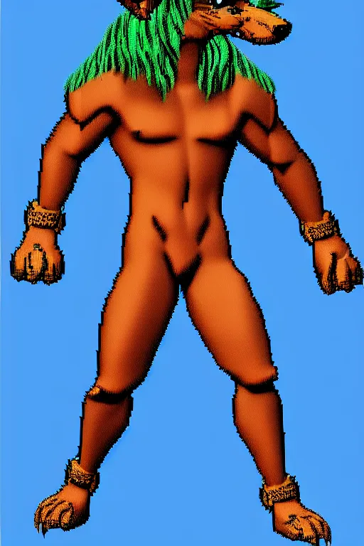 Image similar to full body shot antropomorphic muscular masculine wolf. kickboxer. wolf head. furr on body. 8 bit nes graphics. 1 6 color palitre. vaporwave futuristic 8 0's