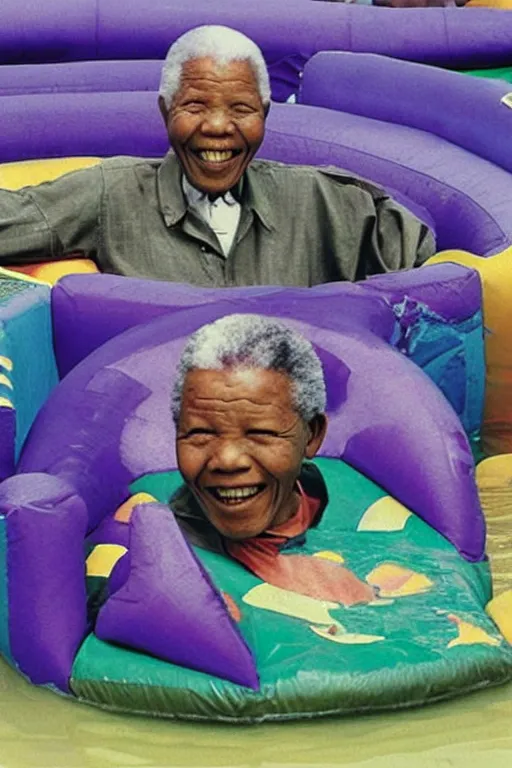 Prompt: nelson mandela in a purple bouncy castle formed as a prison floating on water in waterworld