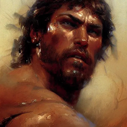 Prompt: Gladiator, muscular, detailed face, correct face, painting by Gaston Bussiere, Craig Mullins