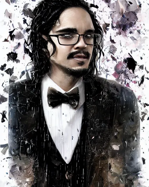 Image similar to a highly detailed portrait of carlos valdes radiating a powerful energy aura, ornate black tuxedo, clean - shaven!!, wispy tendrils of smoke, intricate, digital painting, old english, raining, sepia, particles floating, whimsical background by marc simonetti, artwork by liam wong