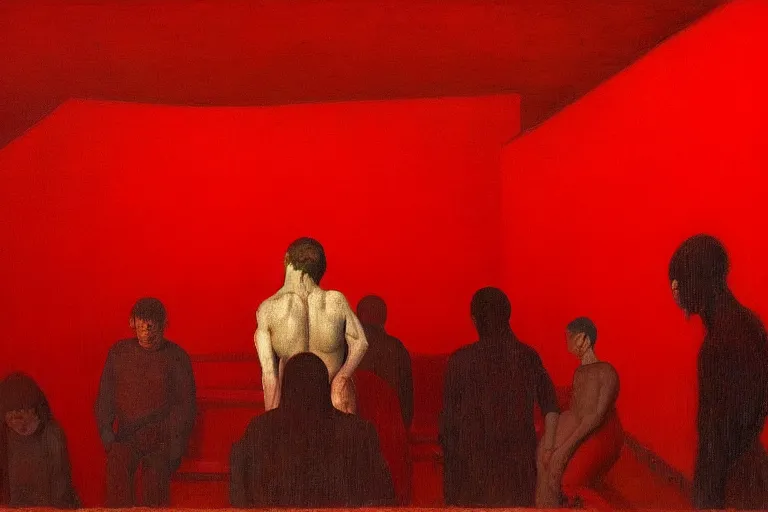 Image similar to only with red, crowd screaming, an exposed painting in a roman theater, in the style of beksinski, parts by edward hopper, parts by rodcenko, parts by yue minjun, intricate and epic composition, red by caravaggio, insanely quality, highly detailed, masterpiece, red light, artstation, 4 k