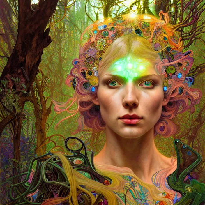 Image similar to bright psychedelic portrait of genius organic cyborg in an ancient forest, diffuse lighting, fantasy, intricate, elegant, highly detailed, lifelike, photorealistic, digital painting, artstation, illustration, concept art, smooth, sharp focus, art by John Collier and Albert Aublet and Krenz Cushart and Artem Demura and Alphonse Mucha