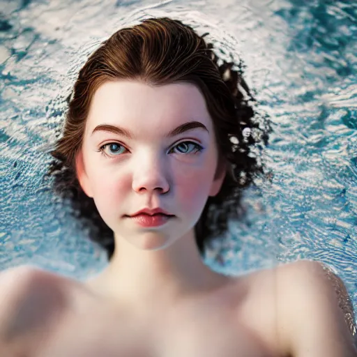 Image similar to portrait of a beautiful girl + anya taylor - joy floating under the deep dream water, beautiful smooth soft light + white petal, by personal photography, art by brookskim, closeup, 4 k, highly detailed, instagram,