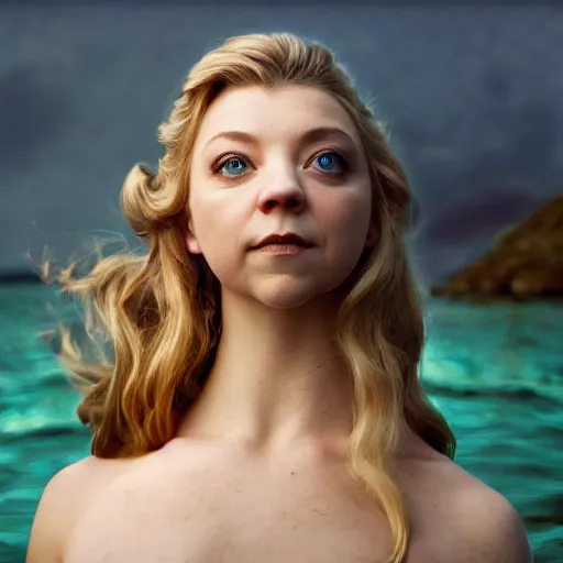 Image similar to natalie dormer as a mermaid, highly detailed award winning fantasy photography, backlit, album cover