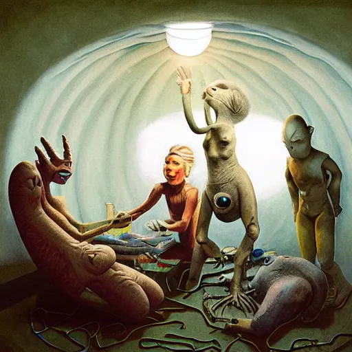 Image similar to primitive extraterrestrial villagers at bedside of severely injured unconscious short - haired blond woman, inside primitive hut, dramatic lighting, illustration, fantastic planet, ron cobb, mike mignogna, jim henson creature shop, science fiction, detailed painting, high detail, coherent, rough paper