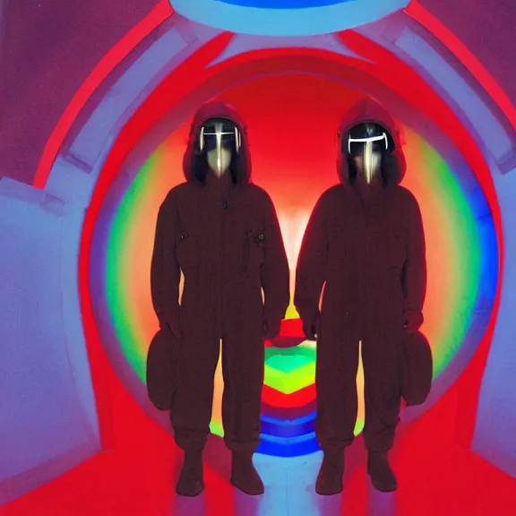 Image similar to two time pilots wearing flight masks and red rick owens flight suits inside the glowing geometric rainbow portal to the sixth dimension by frank frazetta