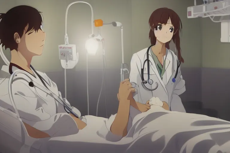 Prompt: a cute and beautiful young female doctor wearing white coat are taking care of a patient on a bed in a hospital ward, slice of life anime, lighting, anime scenery by Makoto shinkai