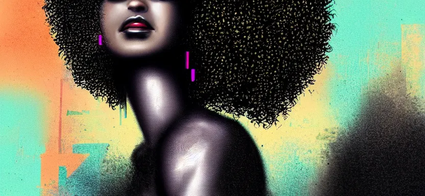 Prompt: portrait of a beautiful black woman with afro hair, cyberpunk rio de janeiro background, digital art, trending on artstation, brushstrokes, backlit, corcovado on the background