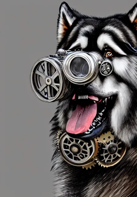 Image similar to hyper realistic ultra - detailed portrait of alaskan malamute face, wearing steampunk hat with goggles and gears, upper body, detective coat, sharp focus, illustration, fantasy style, octane render, concept art, smooth, volumetric lighting, 8 k high definition, intricate, wide shot, by greg rutkowski, highly detailed, trending on art station