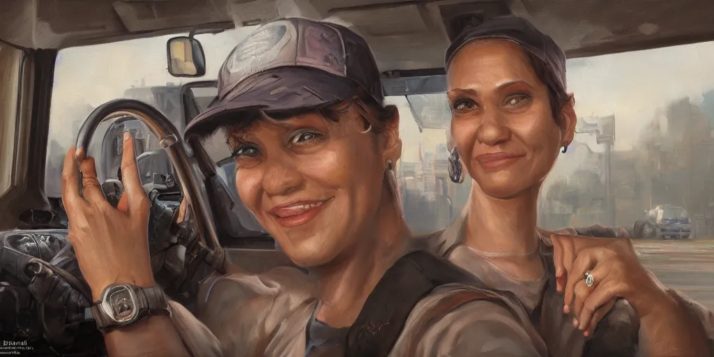 Prompt: highly detailed portrait painting of truck driver and angelina joile by eddie mendoza and tyler edlin, 8 k resolution