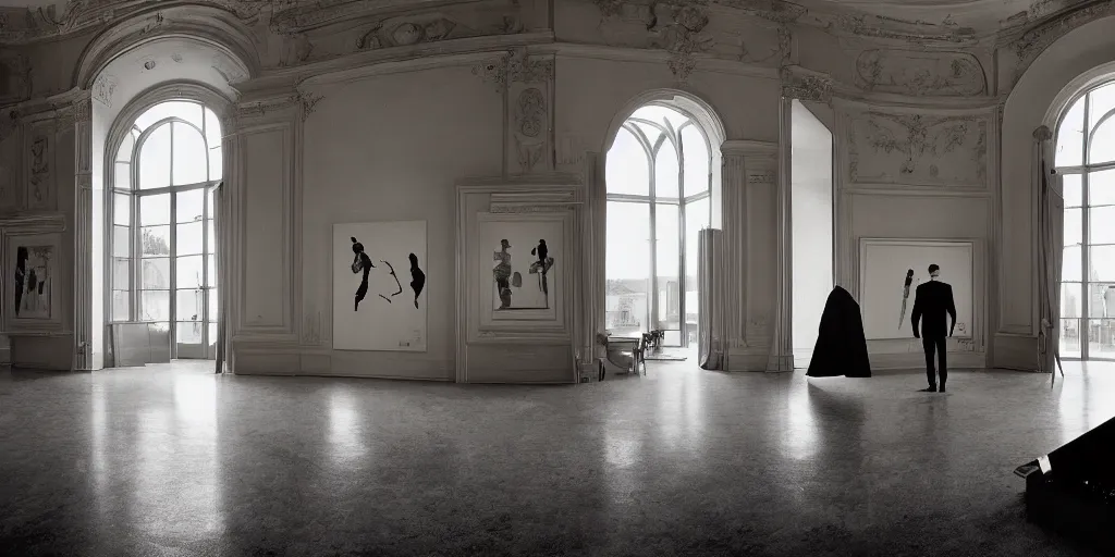 Image similar to Batman standing in giant Italian modern castle living room, clean minimalist design, that is 1300 feet tall, with very tall giant walls filled with modern art paintings, doors that are cosmic portals, photo by Annie Leibovitz