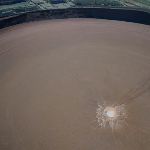 Prompt: a large nuclear crater in london, realistic, taken on drone camera.