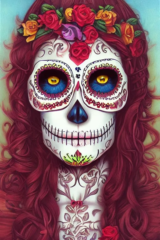Prompt: Illustration of a sugar skull day of the dead girl, art by christopher vacher