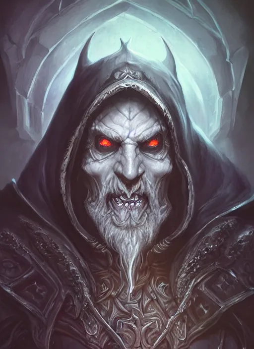 Prompt: portrait of an old male necromancer as a diablo 3 character, looking at camera, D&D, undead magic, long black hair, intricate, elegant, stylish, cute smile, fantasy, extremely detailed, digital painting, artstation, concept art, smooth, sharp focus, illustration, ambient lighting, art by artgerm and greg rutkowski and alphonse mucha and simon stalenhag
