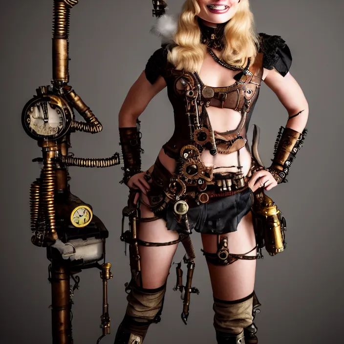 Image similar to full body photograph of a margot robbie as a steampunk warrior, Extremely detailed. 8k