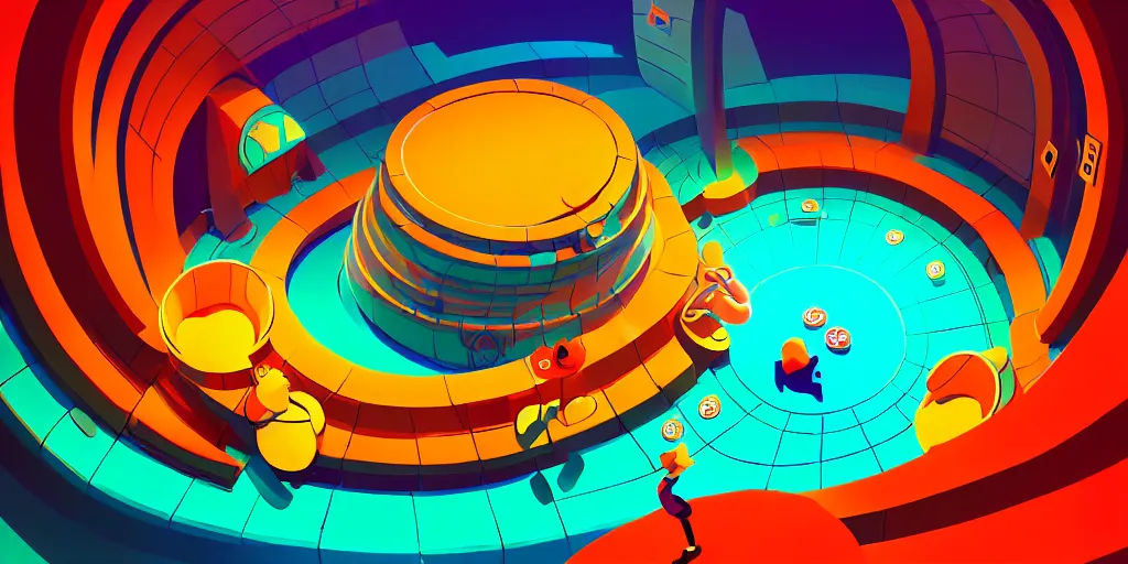 Prompt: spiral lines, minimalistic, extreme wide angle, curved perspective, digital art, chubby, subsurface scattering, indoor casino, by anton fadeev, lorax movie, underwater smoke, artstation