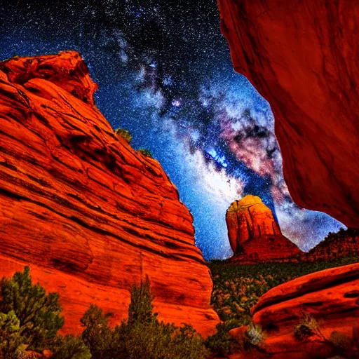 Prompt: sedona's cathedral rock bluff, night, milky way, intricate lines, elegant, extreme detail, sharp focus, photo realistic, ultra realistic, photographic, style by rembrandt