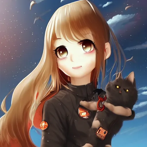 Image similar to nuclear bomb destroying all buildings at the distance, anime girl with her kitty, yumei art, Artstation, pinterest 8k hyper-detailed