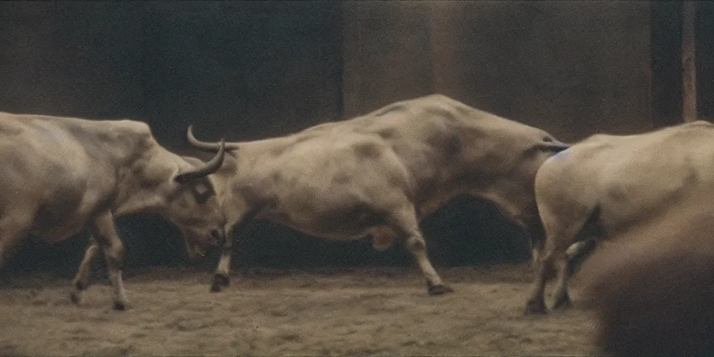 Image similar to detailed medium format photo, polaroid still from tarkovsky movie, matador facing off with bull, blurred motion, haze, high production value, intricate details, 8 k resolution, hyperrealistic, hdr, photorealistic, high definition, technicolor, award - winning photography, masterpiece, amazing colors