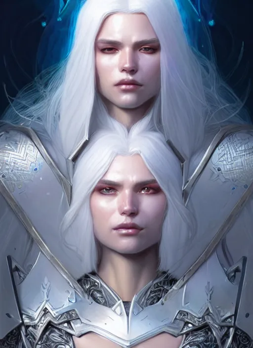 Image similar to iridescent armor!!! long wild white hair!! covered chest!!! fantasy, d & d, intricate ornate details, digital painting, pretty face!!, symmetry, concept art, sharp focus, illustration, art by artgerm! greg rutkowski magali villeneuve wlop! ilya kuvshinov!!, octane render