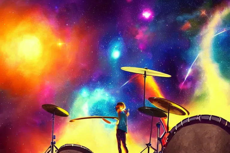 Prompt: person drumming on a drum kit in milky way galaxy, stunning digital art, artstation, vibrant colors, sharp, 8 k