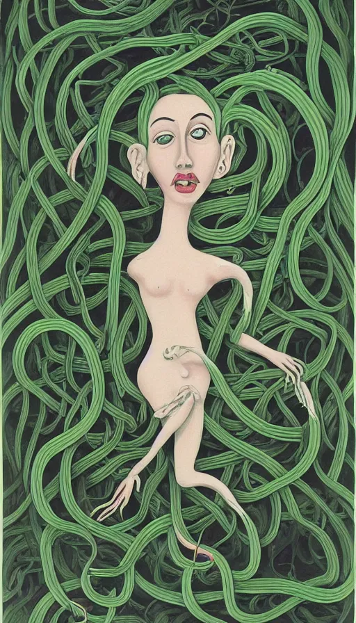 Image similar to very detailed portrait of a 2 0 years old girl surrounded by tentacles, the youg woman visage is blooming from fractal and vines, by charles addams